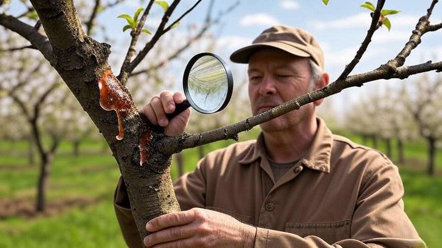 Gardener inspecting cherry tree branch with bacterial canker and oozing sap in an orchard."