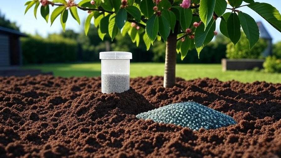 Soil test kit and compost near cherry tree for nutrient balance"
