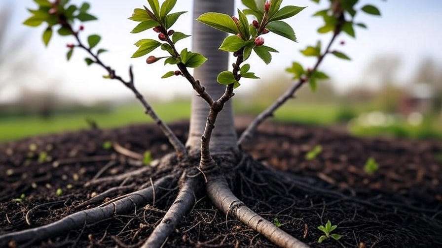 Young cherry tree with green leaves and organic mulch in a well-maintained garden."