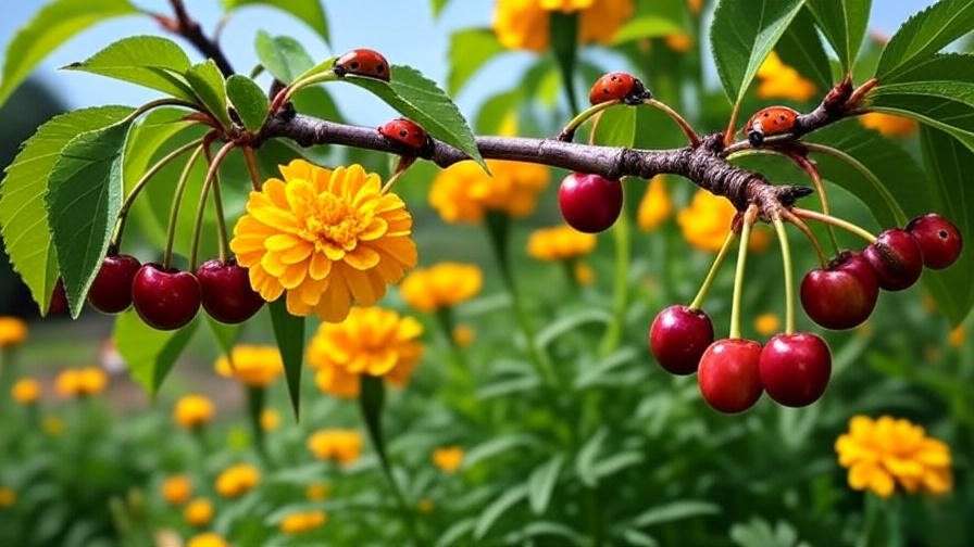 Cherry tree with ladybugs and marigolds for natural aphid control