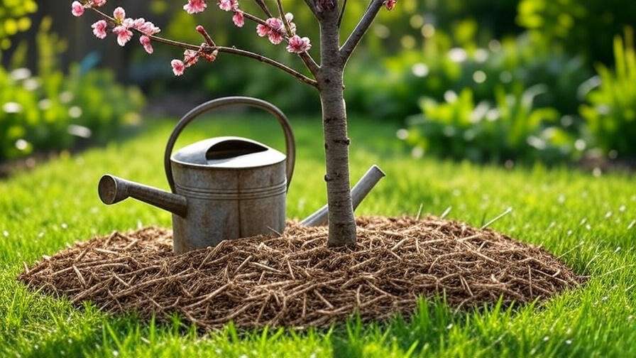 Young cherry tree with a mulch ring of wood chips and a watering can in a green garden."