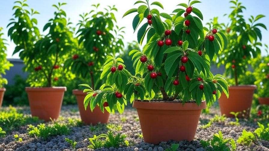 Dwarf cherry tree varieties in pots with ripe red cherries and green leaves in a sunny garden