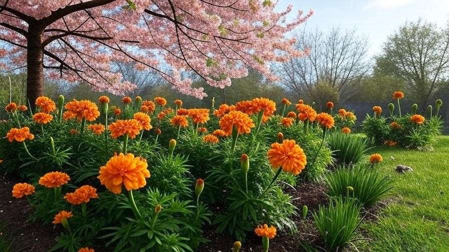 Cherry tree with vibrant marigold flowers for companion planting in an organic garden.