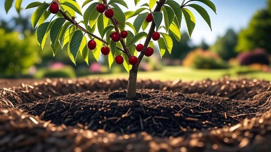 Healthy cherry tree with ripe fruit and mulch in a lush garden.