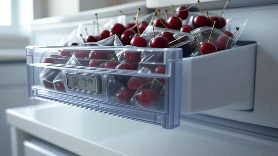 "Fresh cherries stored in a refrigerator crisper drawer with a thermometer."
