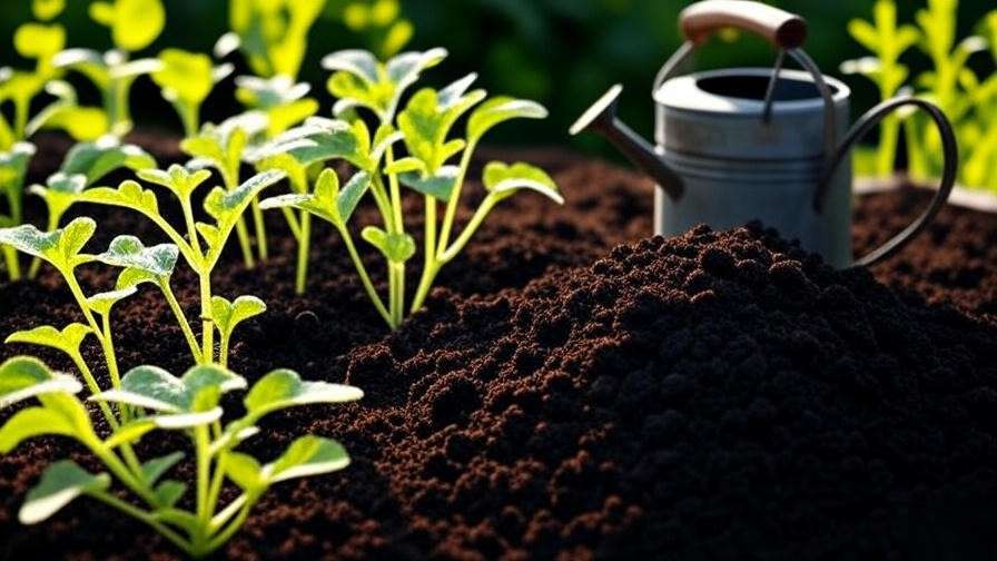 Store-bought compost pile with healthy watermelon seedlings in a raised bed."
