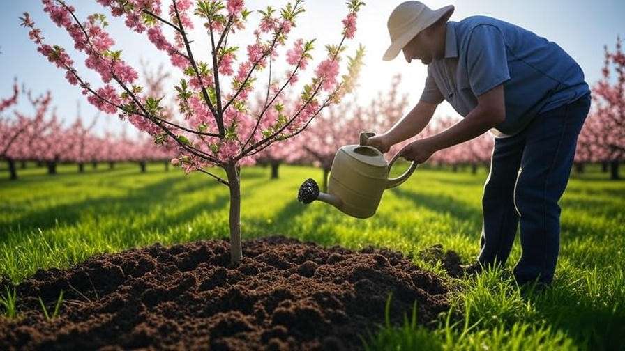 Gardener applying beneficial nematodes to cherry tree soil with watering can."