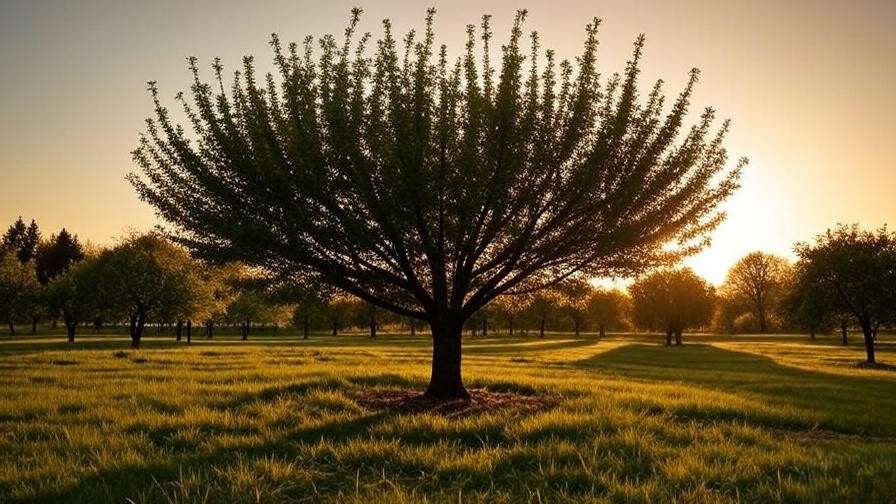 Well-trained cherry tree canopy at sunset in a healthy orchard