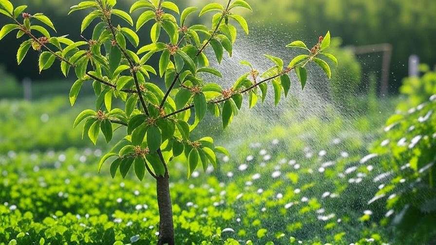"Cherry tree sprayed with natural foliar spray in a garden with cover crops".