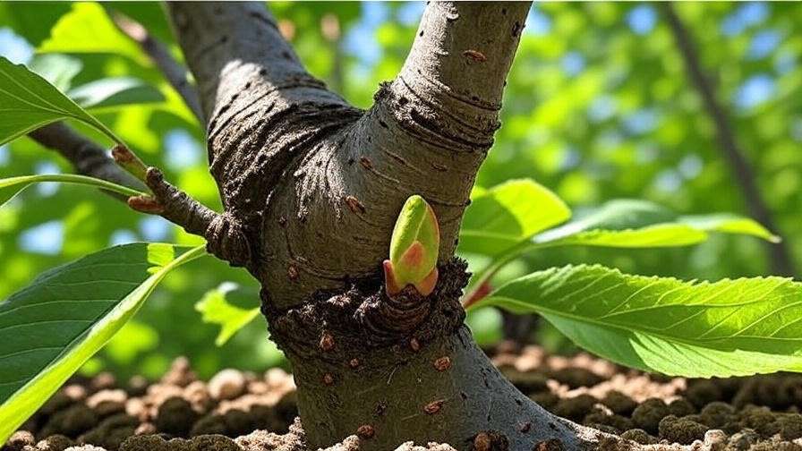  "Step-by-step T-budding technique on cherry tree with green foliage