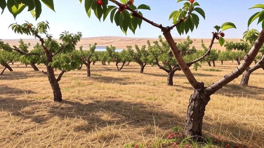 "Cherry tree orchard with pruned drought-tolerant trees and a water-retention basin in arid landscape."
