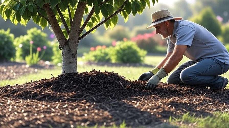 Gardener mulching cherry tree base with compost and wood chips