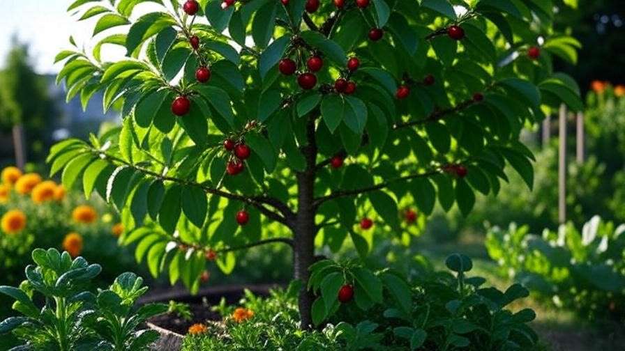Healthy cherry tree with ripe cherries and companion plants marigolds and garlic in a garden."