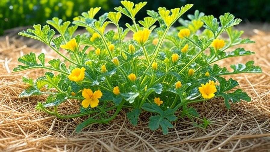 "Thriving young watermelon plant with yellow flowers and vines in a mulched garden bed".