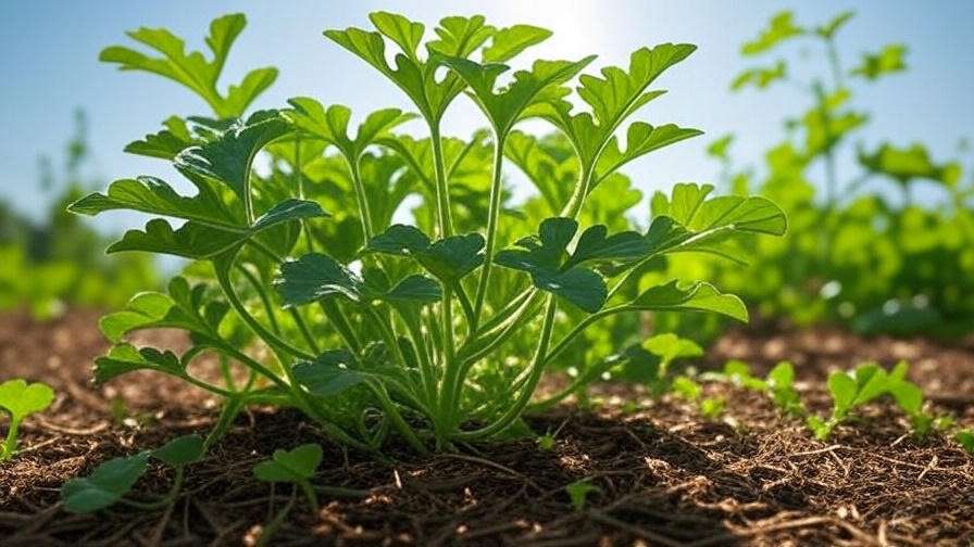 Japanese watermelon plant with drip irrigation and mulched soil in sunlight"
