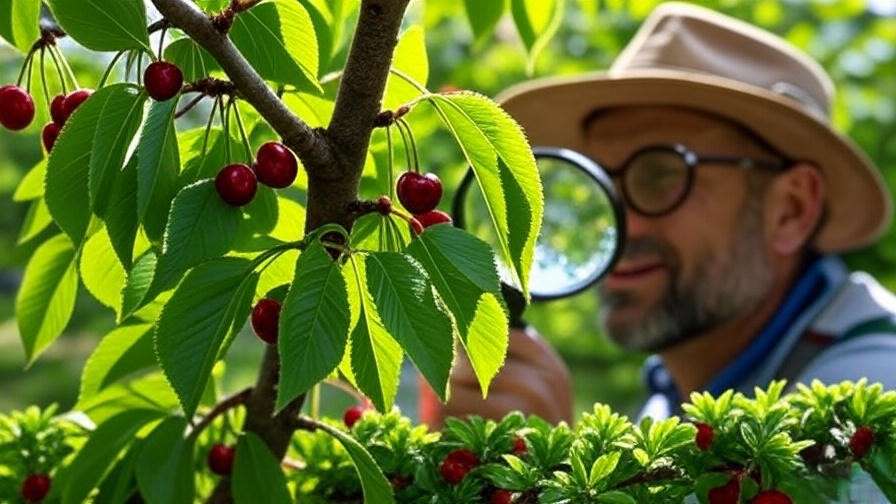 Gardener inspecting a cherry tree for pests with ladybugs in an orchard"