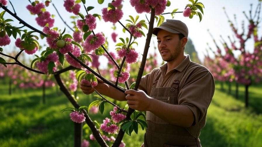 Gardener pruning a cherry tree with blossoms and fruit in a thriving orchard".