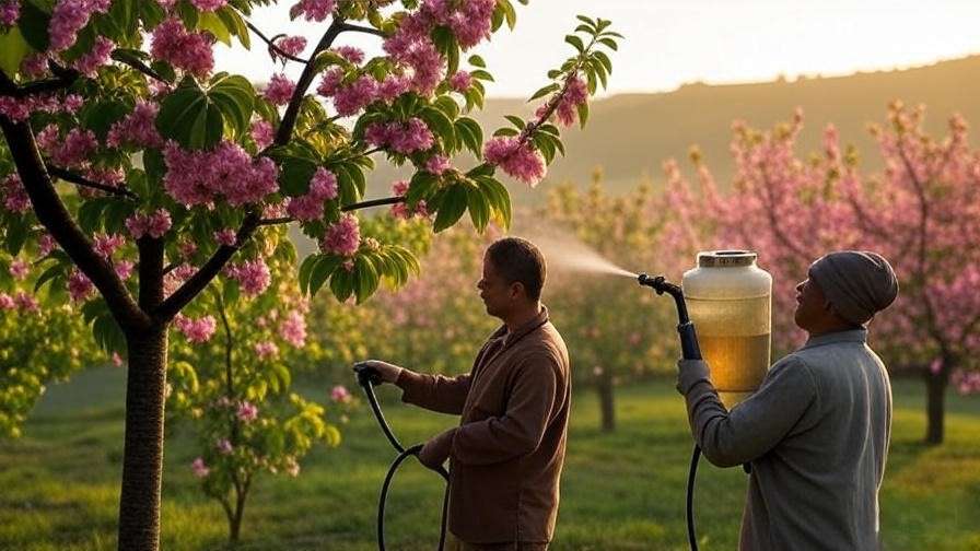 "Gardener applying organic neem oil to a blooming cherry tree in an eco-friendly orchard at sunrise."
