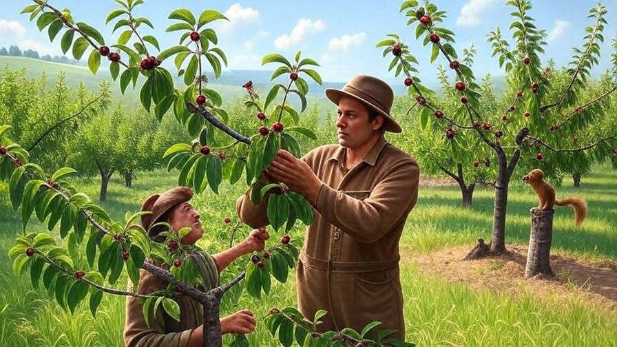 Gardener inspecting pest-resistant cherry tree varieties in a thriving orchard."