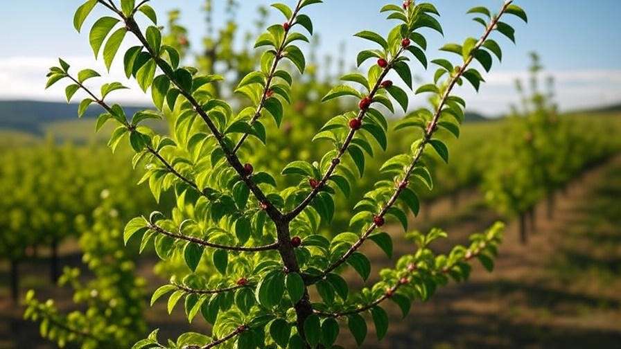 Row of cherry tree varieties with healthy leaves and fruits in orchard