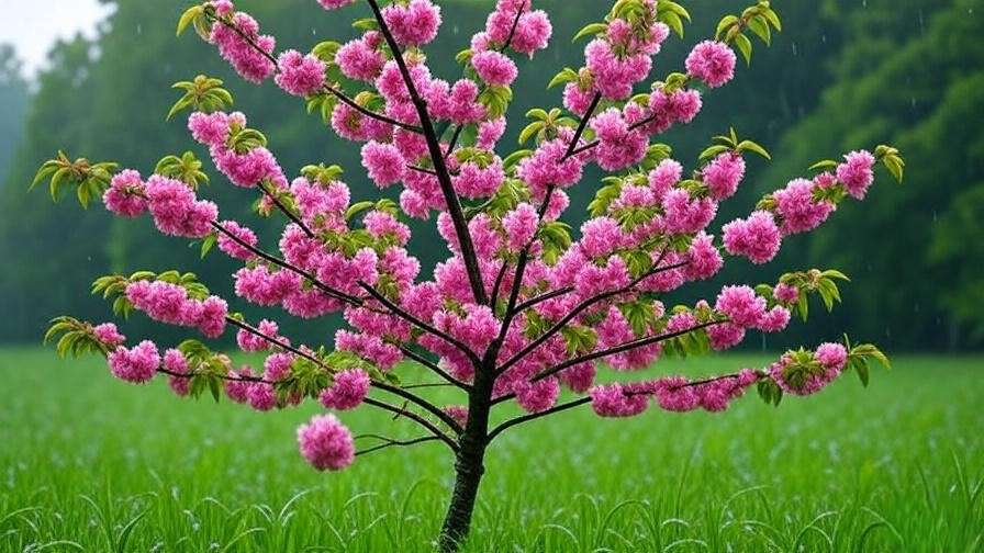 Close-up of a cherry tree with pink blossoms thriving in a wet landscape."