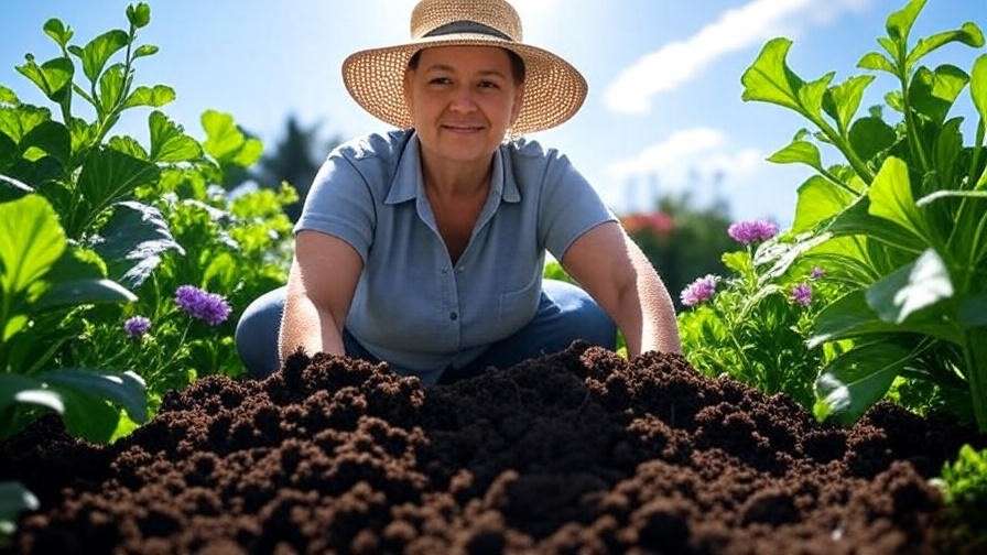 Gardener adding compost to soil for growing Jam Watermelon in a sunny garden."
