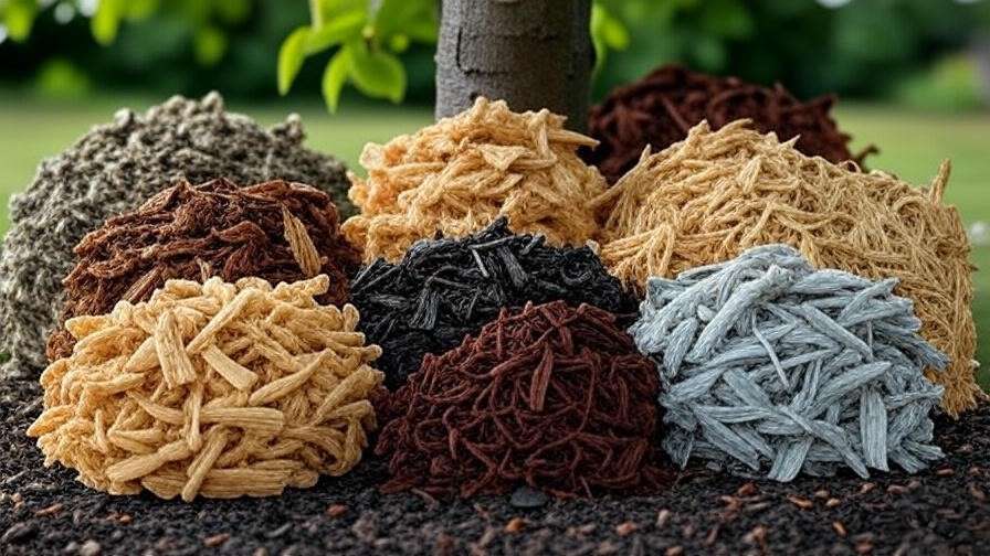 Close-up of organic mulches like hardwood chips and bark around a cherry tree base.