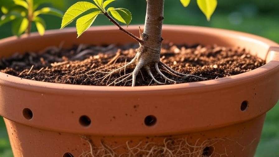 Terracotta pot with drainage holes and rich soil mix for a young cherry tree with healthy roots