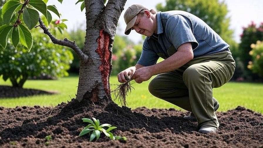 Gardener applying treatment to damaged cherry tree roots in a garden".
