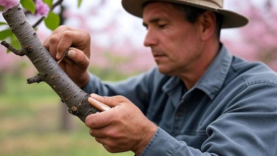 Gardener applying wax to cleft graft on cherry tree with blossoms