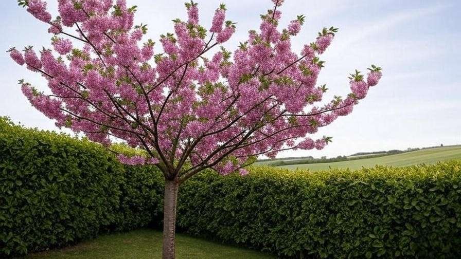 Cherry tree protected by a hedge windbreak for climate resilience