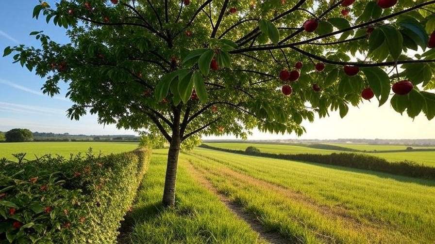 Cherry tree with windbreak and shade in warm climate".