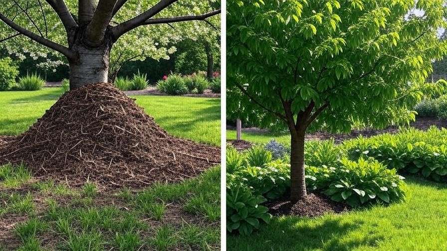 Cherry tree with incorrect volcano mulching vs correct mulching technique."