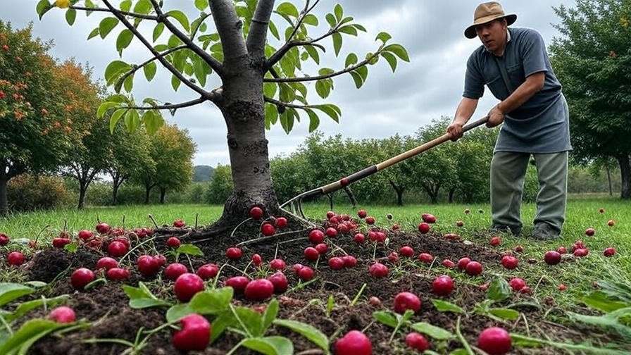 Gardener cleaning up broken cherry tree branches and fallen fruit."