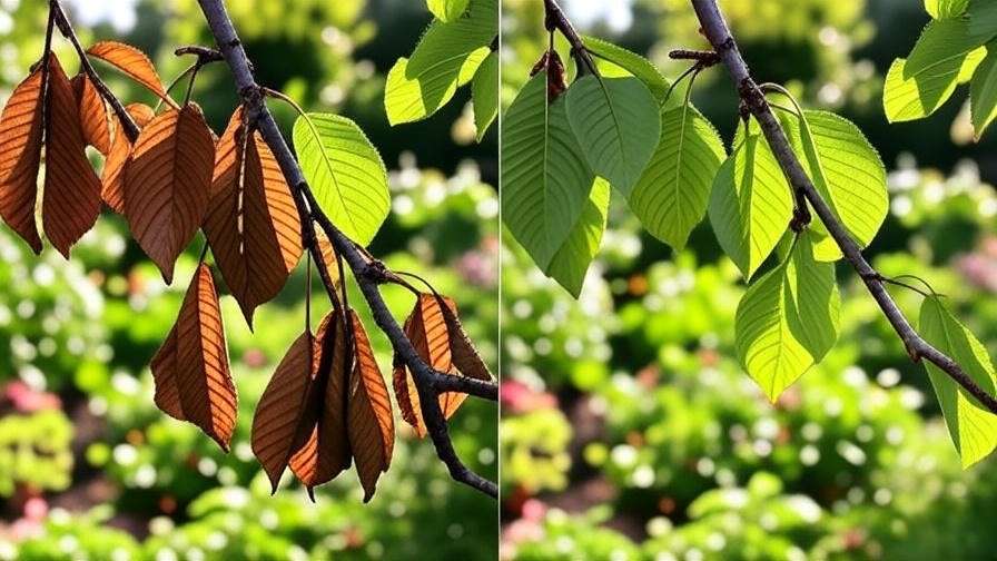 "Comparison of cherry tree branch with chemical damage versus healthy branch in a garde