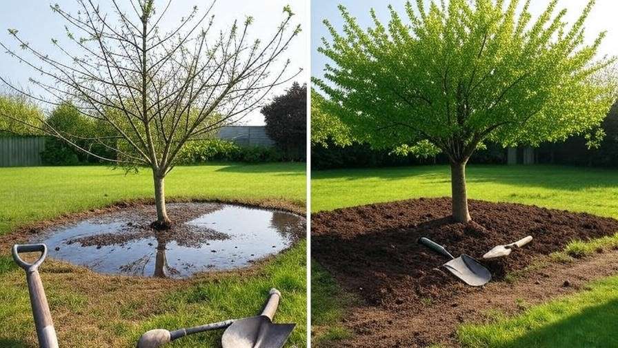 Comparison of cherry tree with poor vs. improved drainage in a garden.