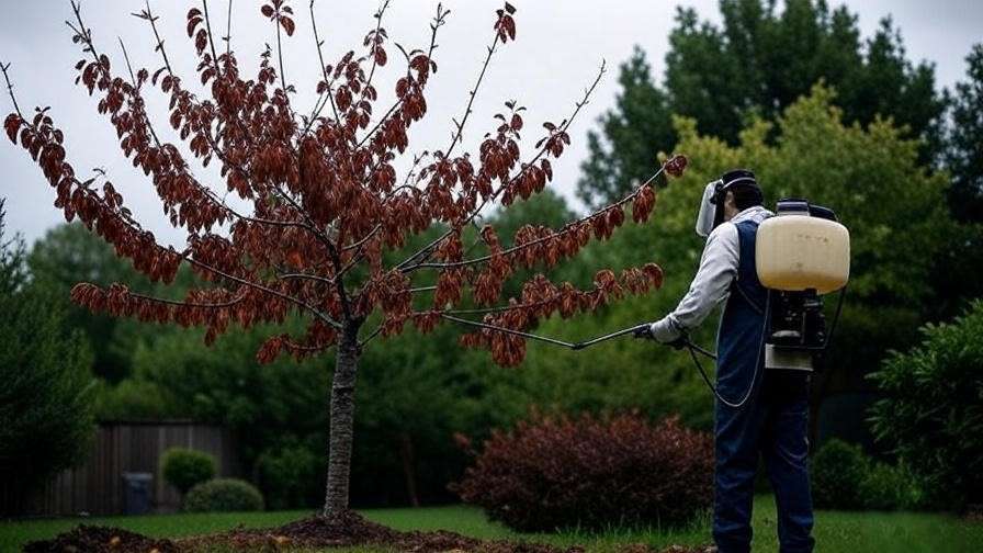 "Gardener avoiding pesticide overuse on a cherry tree with scorched leaves in an orchard."
