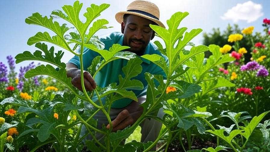 Gardener applying neem oil to Jam Watermelon leaves for organic pest control."

