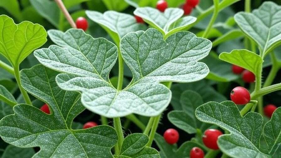 Close-up of a watermelon berry plant leaf with powdery mildew among healthy berries. 