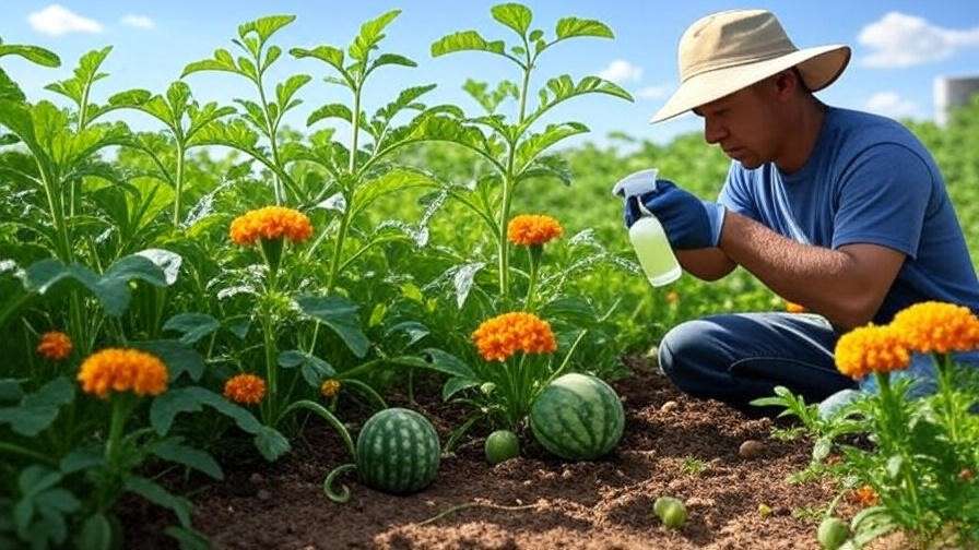 Penhill watermelon patch with marigolds and gardener applying neem oil." 