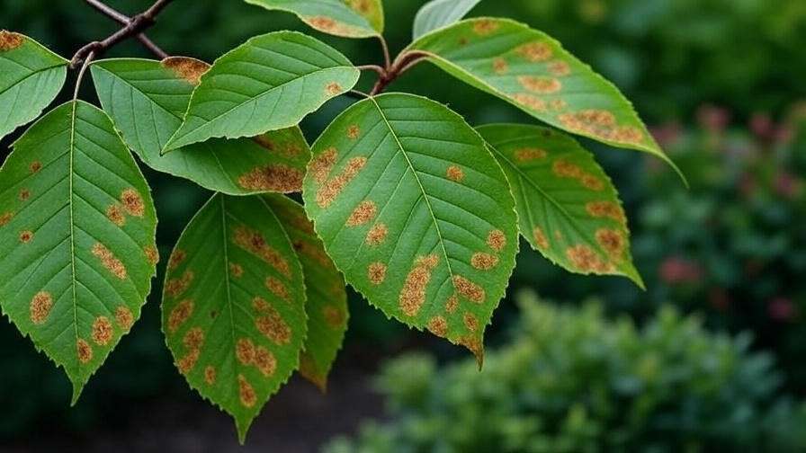 Close-up of cherry tree leaves with brown spots from brown leaf disease in a garden."
