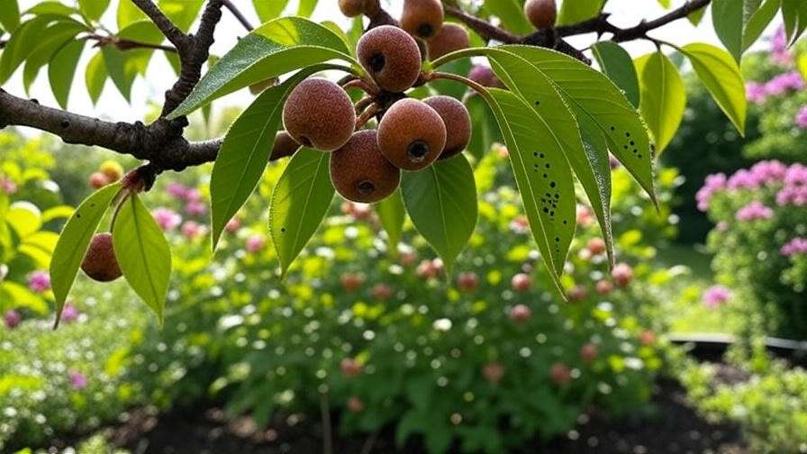 Cherry tree with fungal infection symptoms like brown rot, powdery mildew, and leaf spot in a garden setting