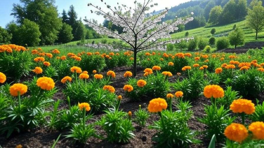 Cherry tree surrounded by marigold and garlic plants in a garden".
