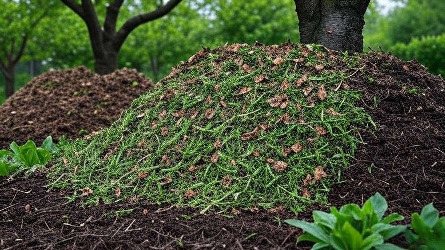 Compost pile and mulched cherry tree base showcasing organic soil enrichment for orchard health".