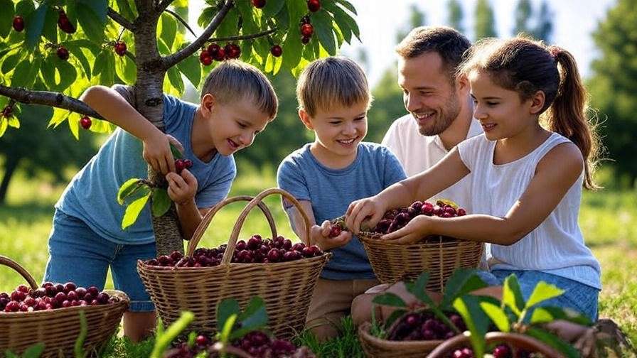 Family harvesting ripe cherries from a grafted tree in a sunny orchard.