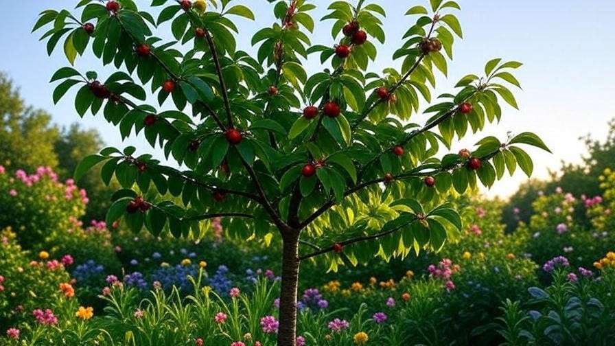 "Fully recovered cherry tree with ripe cherries in a vibrant garden".
