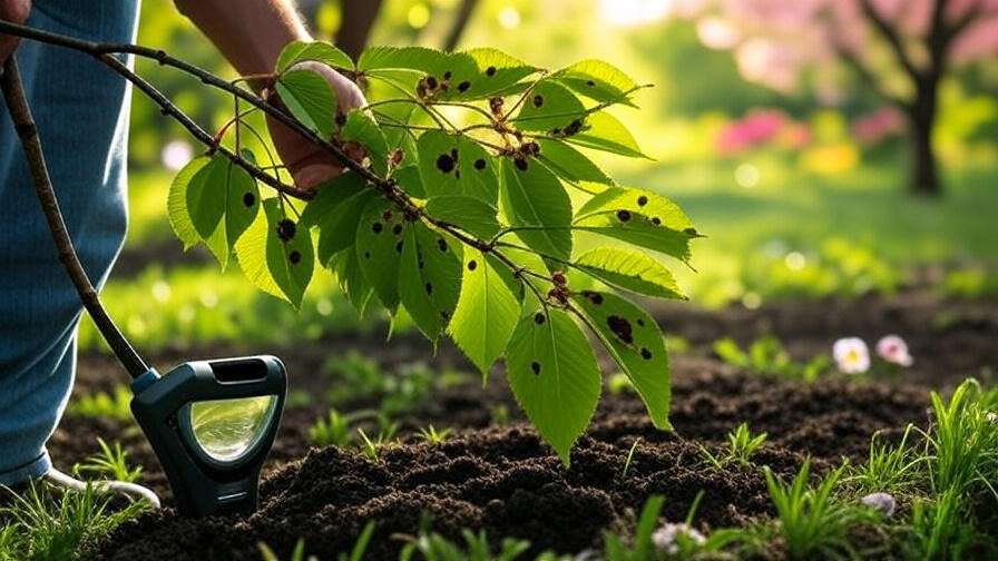 Gardener inspecting cherry tree leaves with a magnifying glass and soil moisture meter."
