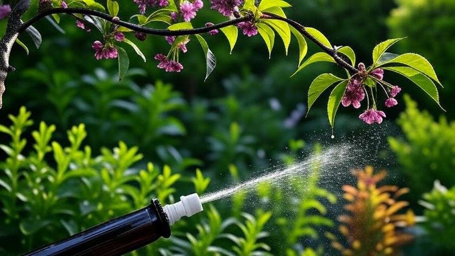 Cherry tree with purple leaves being treated with neem oil spray"