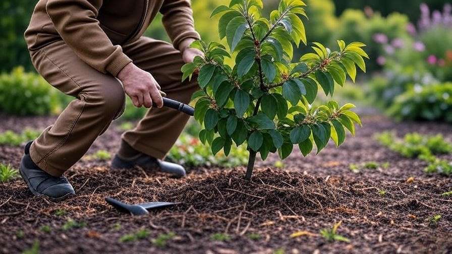 Gardener mulching cherry tree base with healthy green leaves"