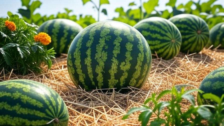 racked Jubilee watermelon next to healthy melons with straw mulch and marigolds."